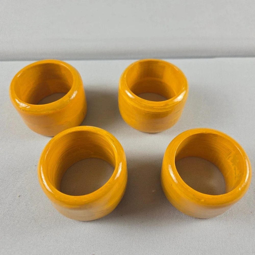 Vintage Set of 4 Mustard Yellow Wooden Napkin Rings Mid Century Modern MCM